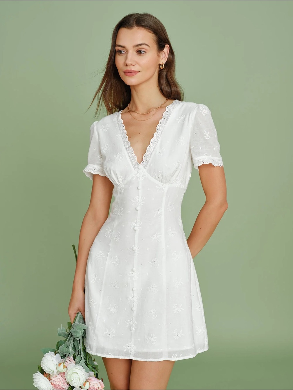 Rihoas White V Neck Embroidery Lace Mini Dress - Picture 3 of 6
